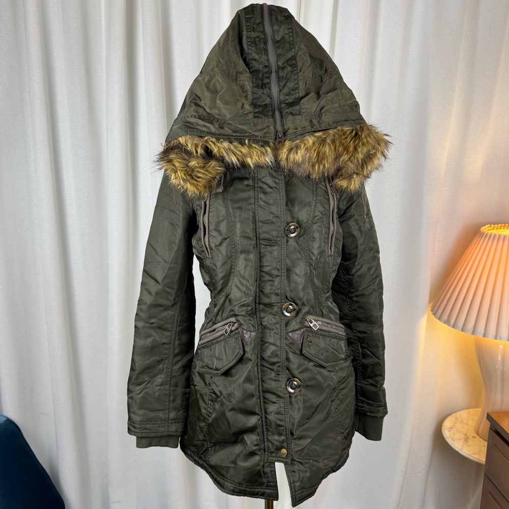 VTG Y2K Miss Sixty Faux Fur Hood Olive Green Quilted Parka sz Small